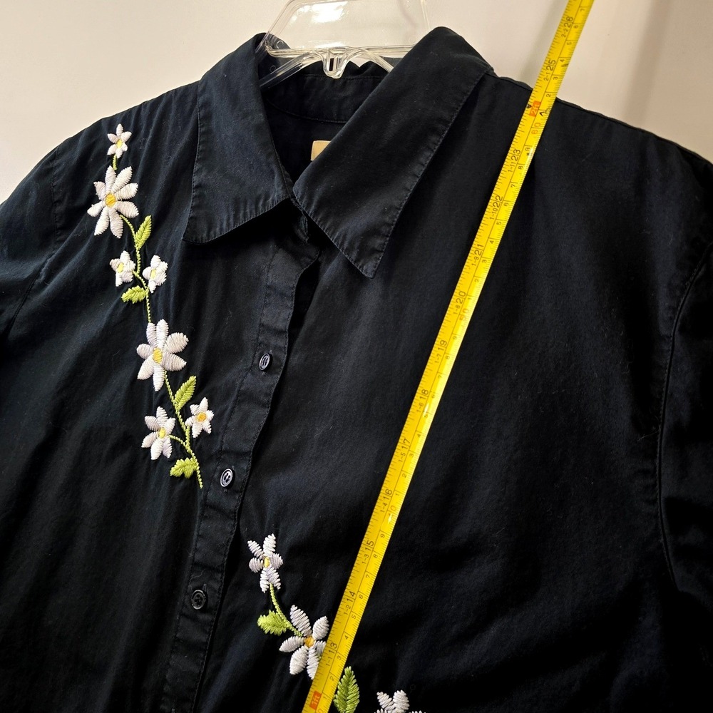Bechamel Cotton Embroidered Daisy Button Up Shirt 3/4 Sleeve Womens Large Black‎ - Picture 7 of 8